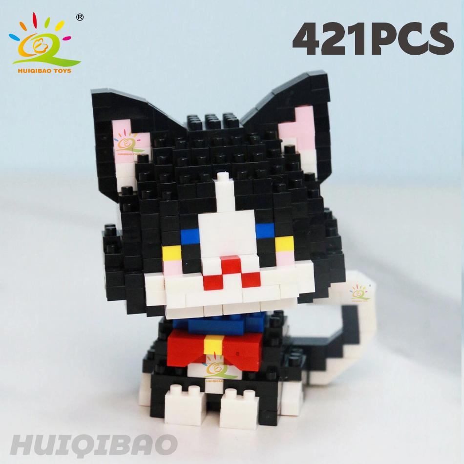 HUIQIBAO Cute Cat Micro Model Building Block Kids Mini Pets City Cartoon Animal Diamond Bricks Educational Toys Children Gift