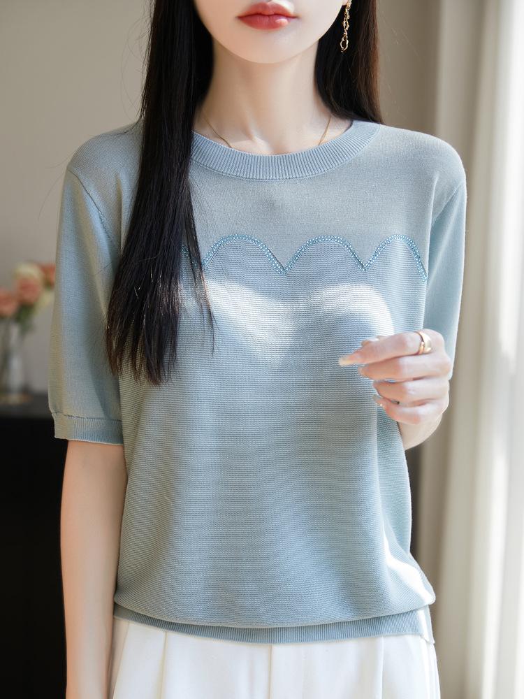 2025 Summer Round Neck Knit Short Sleeve Women's Slimming Casual Top