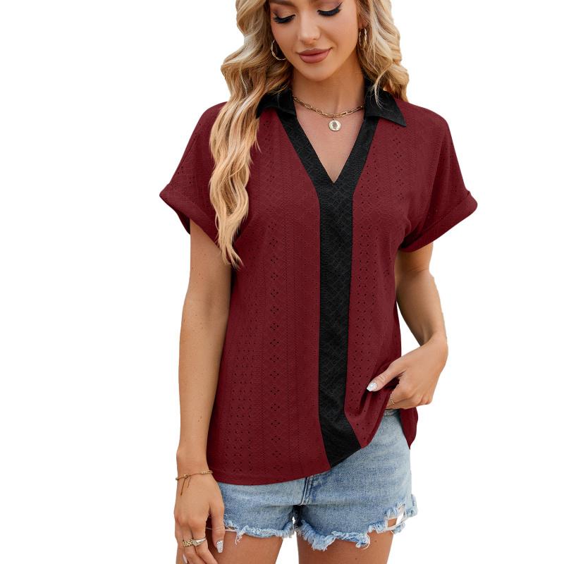 2026 Spring/Summer New V-neck Contrast Color Short Sleeve Loose T-shirt Women's Casual Top