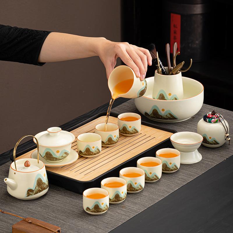 Business Gifts Ru Kiln Qingshan Tea Set Retro Light Luxury Set with Tea Tray Household Tea Souvenir