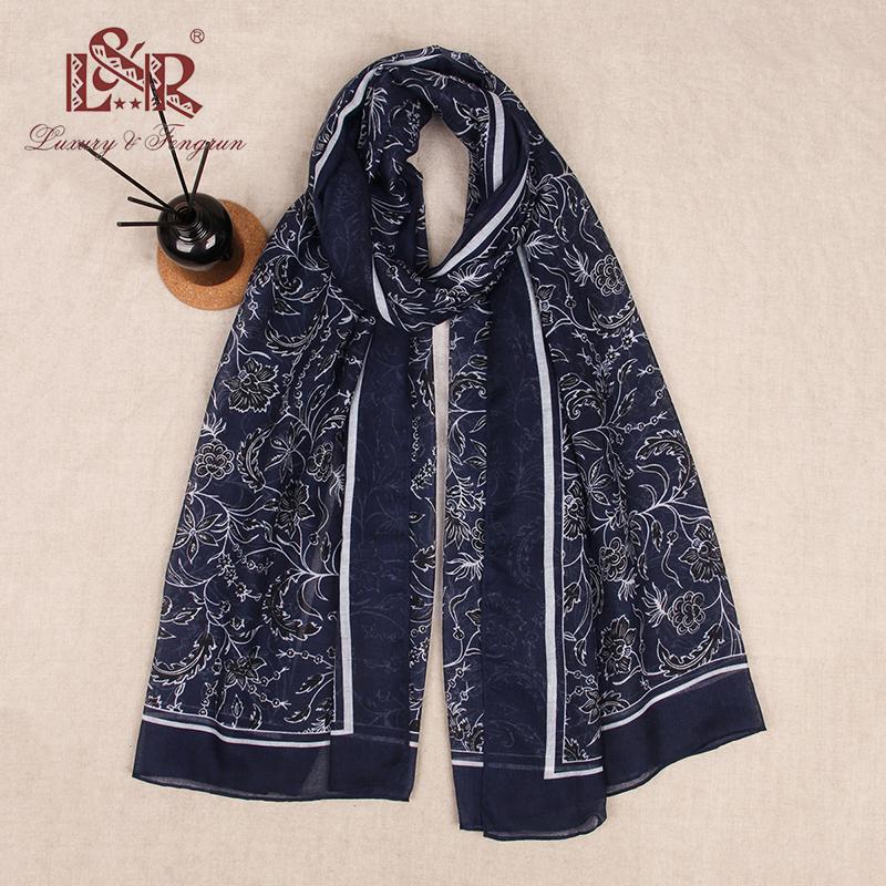 Sciarpa Stola Floreale Blu Scuro Leggera Stile Europeo & Americano Primavera-Autunno