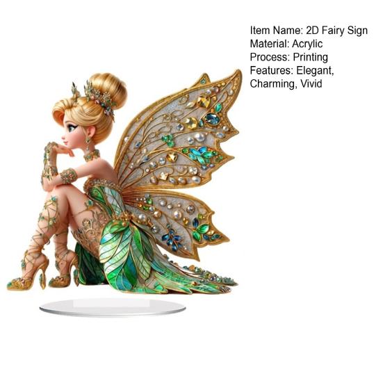 2D Fairy Tabletop Ornament Sitting Fairy Statue with Butterfly Wing Desktop Acrylic Sign for Bookshelf Windowsill Bonsai Landscaping Decor