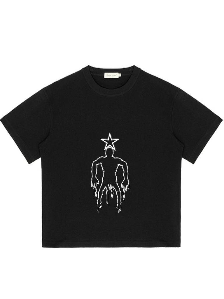 Black T Shirt With Star Head Human Outline Print Casual Streetwear For Men And Women