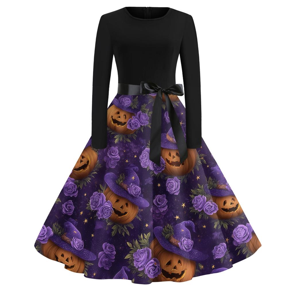 Women's Casual Vintage Halloween Dress Long Sleeve Crew Neck Retro Swing Dress with Spider Web and Bat Print and Waist Tie Belt for Everyday Wear