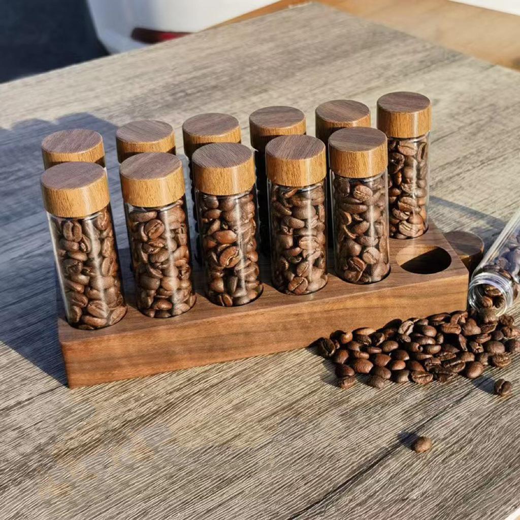 Wooden Coffee Beans Flower Tea Display Rack Stand Glass Test Tube Sealed Storage Cereals canister