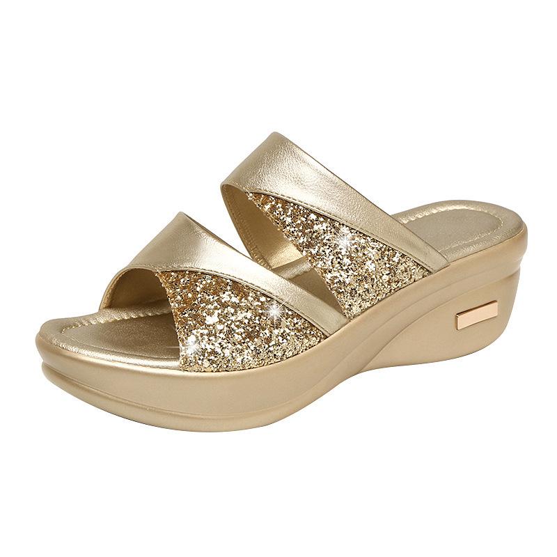 Size 43 Women's Sequin One-Strap Peep-Toe Wedge Heel Sandals, New 2022 Korean Style
