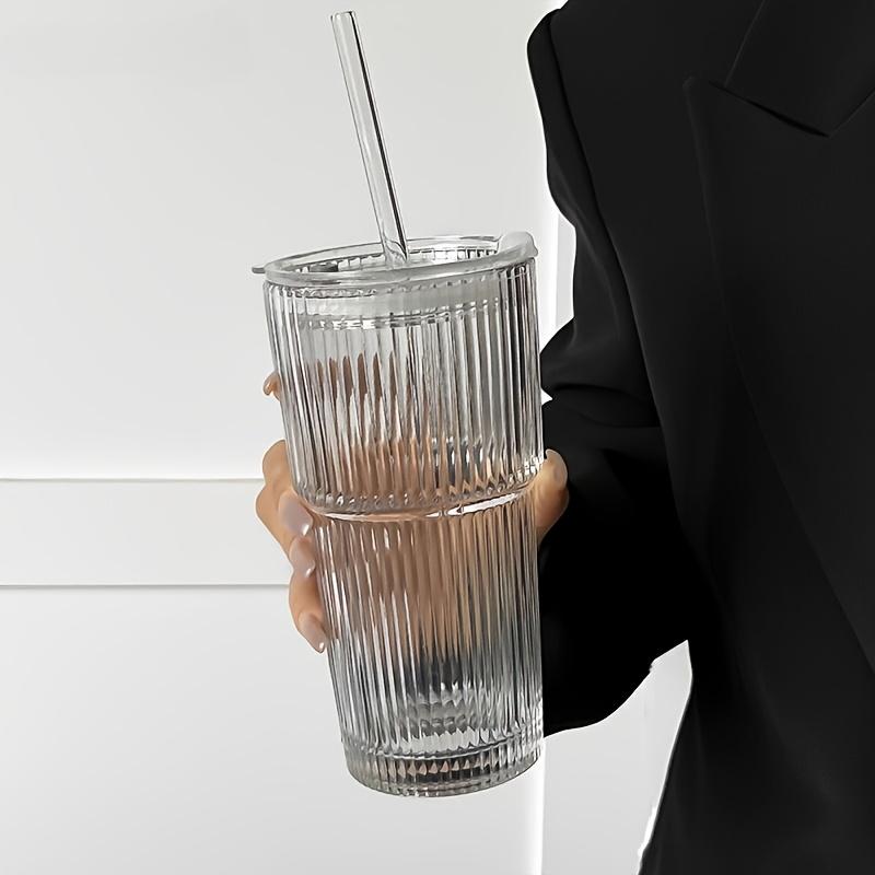 1pc/2pcs 20oz Ribbed Glass Tumbler with Lid & Glass Straw, Reusable Machine-Washable Drinking Cup for Iced Coffee, Smoothies, Juice & Cocktails