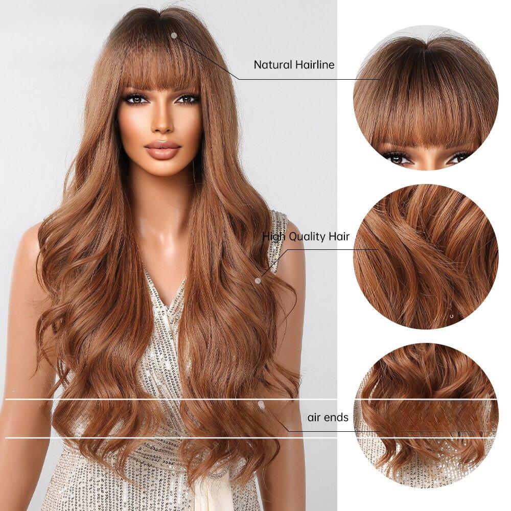 Temperament New Wig, Qi Bangs Golden Brown Big Wavy Long Curly Hair Simulation Natural Chemical Fiber Wig Cover