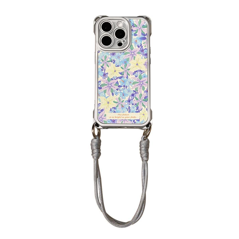 Suitable for iPhone 16Pro Mobile Phone Case Niche Advanced Full Screen Purple Flower Messenger Lanyard Apple 15 Protective Case
