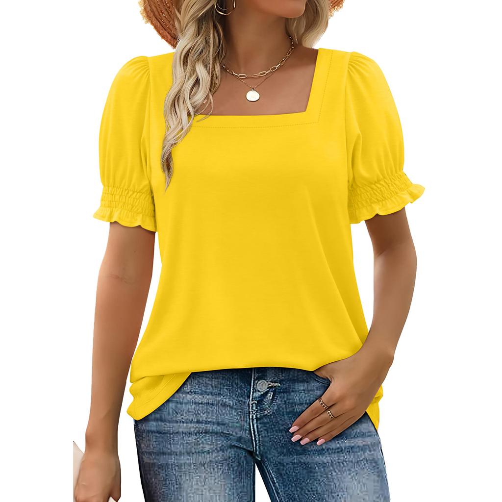 Women's Fashion Square Neck T-Shirt With Petal Sleeves And Short Sleeves