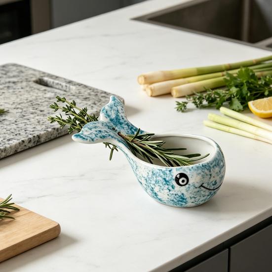 Herb Stripper Bowl Resin Herbal Peeling Bowl with 4 Size Holes Blue Whale Shape Pottery Herb Peeler for Removing Leaves from Thyme Rosemary