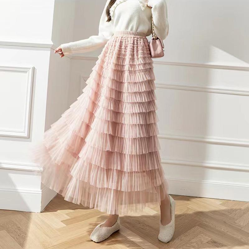 Pink skirt women's summer big pendulum mesh umbrella skirt vertical feeling medium and long A word women's vertical feeling long skirt high sense