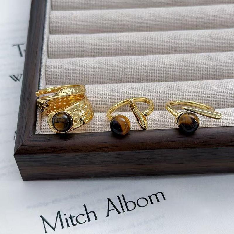 Tiger'S Eye Stone Geometric Opening Ring Women'S Retro Fashion High-End Temperament Irregular Index Finger Ring