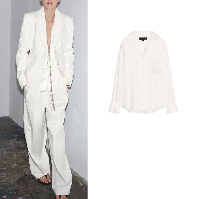 Spring and Summer New Women's Clothing Single-Breasted Viscose Blended Lapel Long Sleeves Pocket Decoration Loose Shirt 2360213