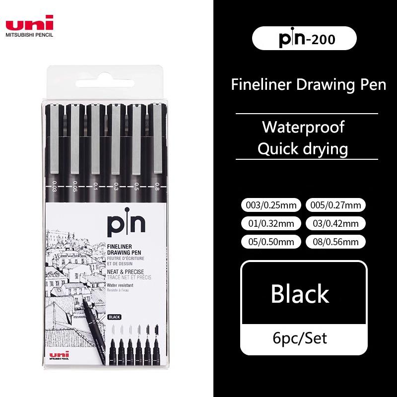 Uni Fineliner Zeichenstift für Skizze Anime Manga Haken, PIN-200 Wasserbasis Wasserdicht Verschiedene Unterschiedliche Strichstärken Kalibrierter Marker