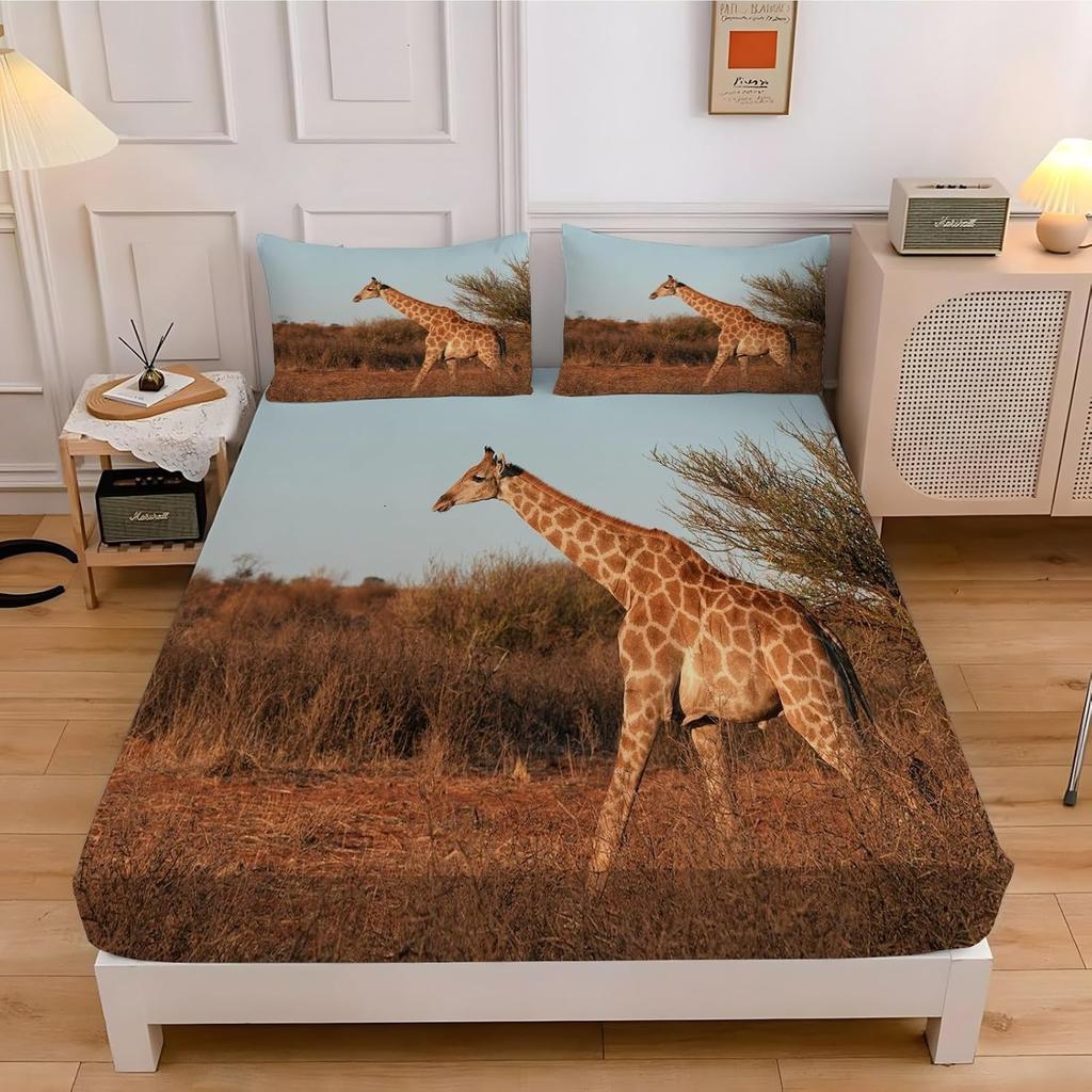 Giraffe Kids Fitted Sheet Single Size,Cute Giraffe Family Bed Cover with 1 Pillowcase 75*50,Cartoon Animal Theme Bedding Set