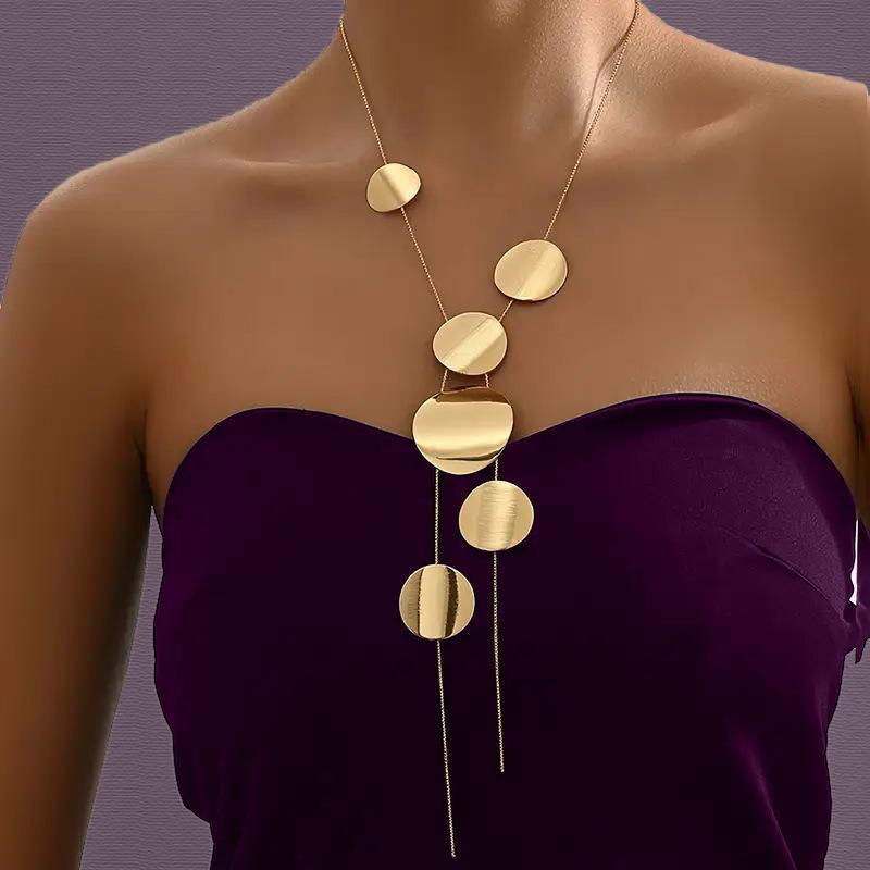 Temperament Geometric Round Piece Long Necklace Women'S Personality Y-Shaped Tassel Collarbone Chain