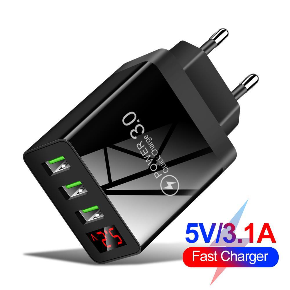 3 USB Digital Display Charger with Screen for EU, US, and UK Mobile Phones
