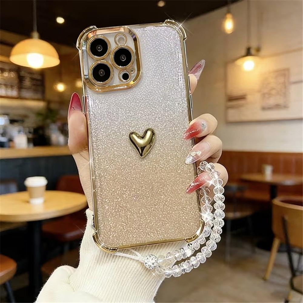 3D Love Heart Crystal Chain Phone Case For iPhone 17 Air 16E 17 16 15 14 13 12 11 Pro Max Glitter Shockproof Soft Silicone Cover