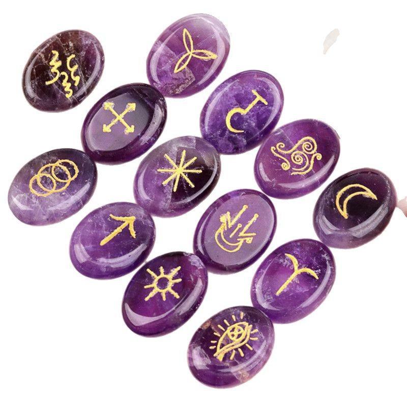 Natural Crystal Witches Runes Set Agate & Gemstone Divination Stones Elder Futhark Norse Viking Runes for Fortune Telling