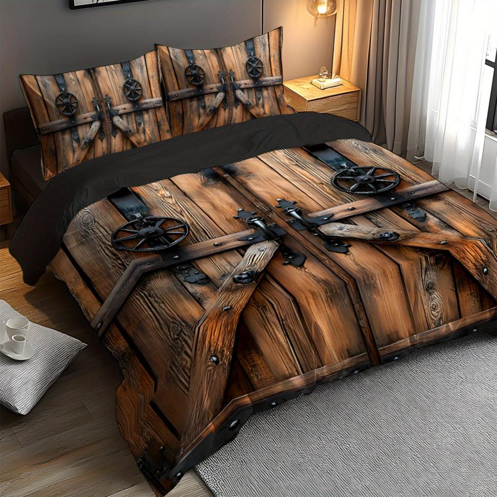 Digital Printed Duvet Cover Set Featuring a Design Theme Pattern of Ancient Wooden Doors 100% Polyester Brushed Soft Comfortable