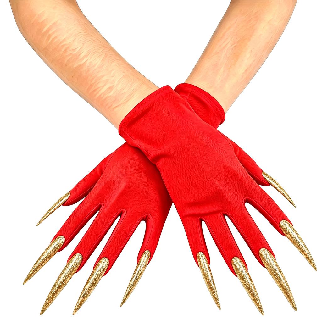 Dark Gloves with Long Nails for Halloween Witch Party, Short Stretch Fit
