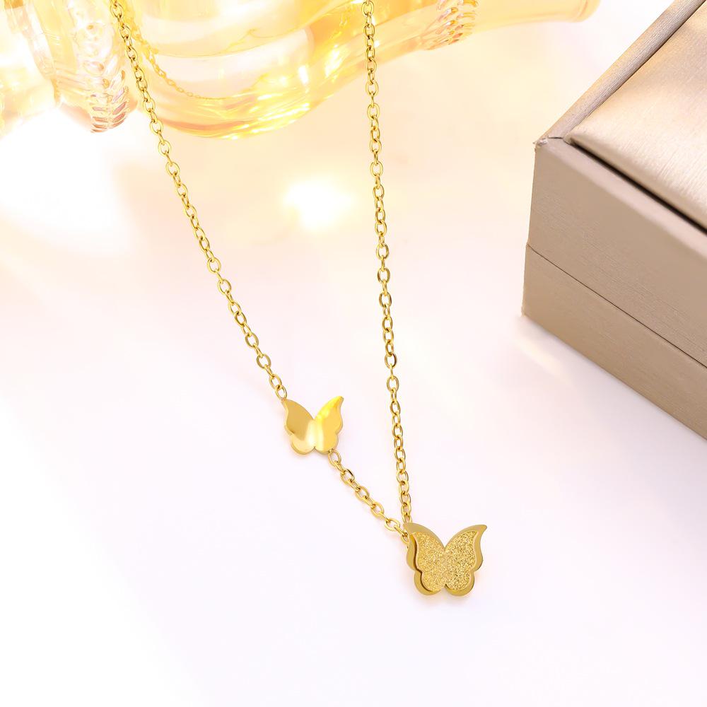 Elegant Frosted Butterfly Jewelry Set: Titanium Steel Double Layer Necklace, Bracelet & Earrings