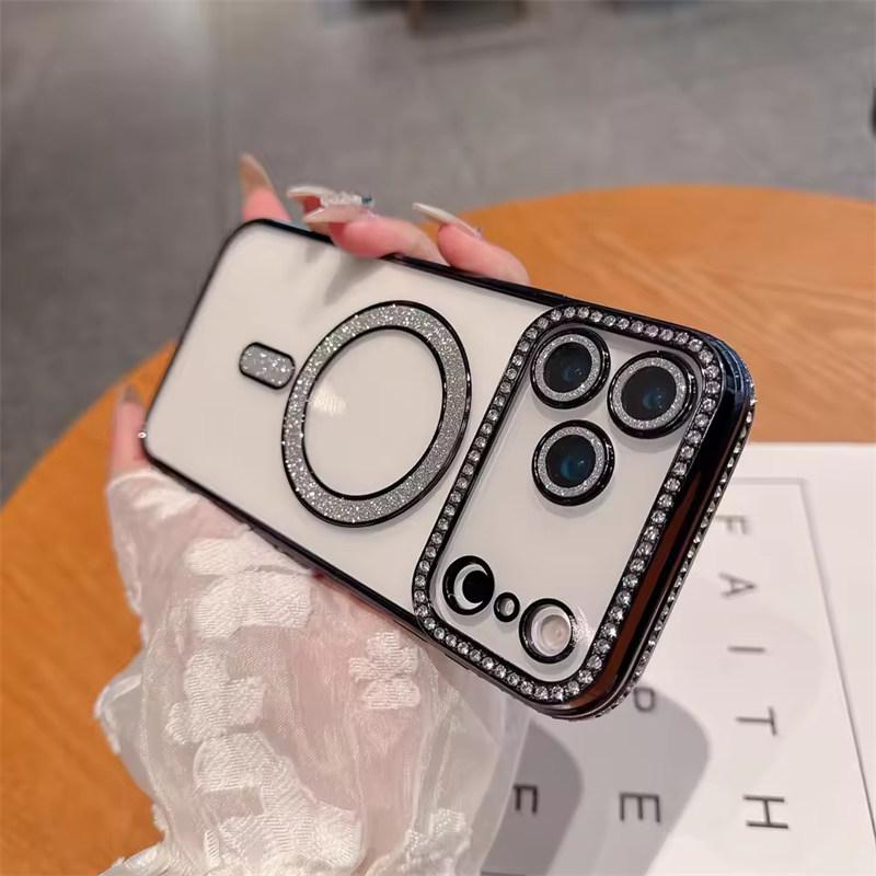 

Роскошный чехол для телефона с гальваническим покрытием, блестящими бриллиантами и прозрачной задней крышкой для iPhone 17 Air 17 Pro Max, с поддержкой магнитной беспроводной зарядки и защитой от падений iPhone 17 чёрный