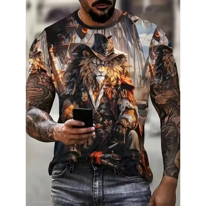 3D Plus Size Men's Lion Print T-shirt Summer Short Sleeve Crew Neck Tees Shirts for Men New In Animal Lion Graphic Tshirts Tops