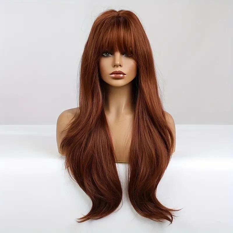 Mode Transfrontalière Réglable Résistante à la Chaleur Longs Cheveux Bouclés Frange Châtain Clair Dentelle Perruque Amincissante pour Visage Femme Densité 130%