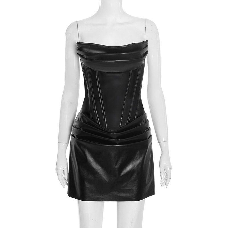 

D25Ds451 European and American Women s Fashion Autumn New Cross-Border Solid Color Sexy Pu Pleated Fishbone Strapless A-Line Dress Black S