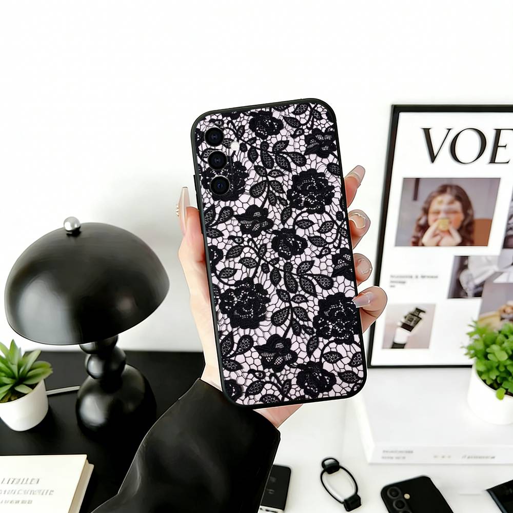 B-Black Lace Print Phone Case For Samsung Galaxy A73,A72,A71,A70,A53,A52,A51,Others Soft Black Cover