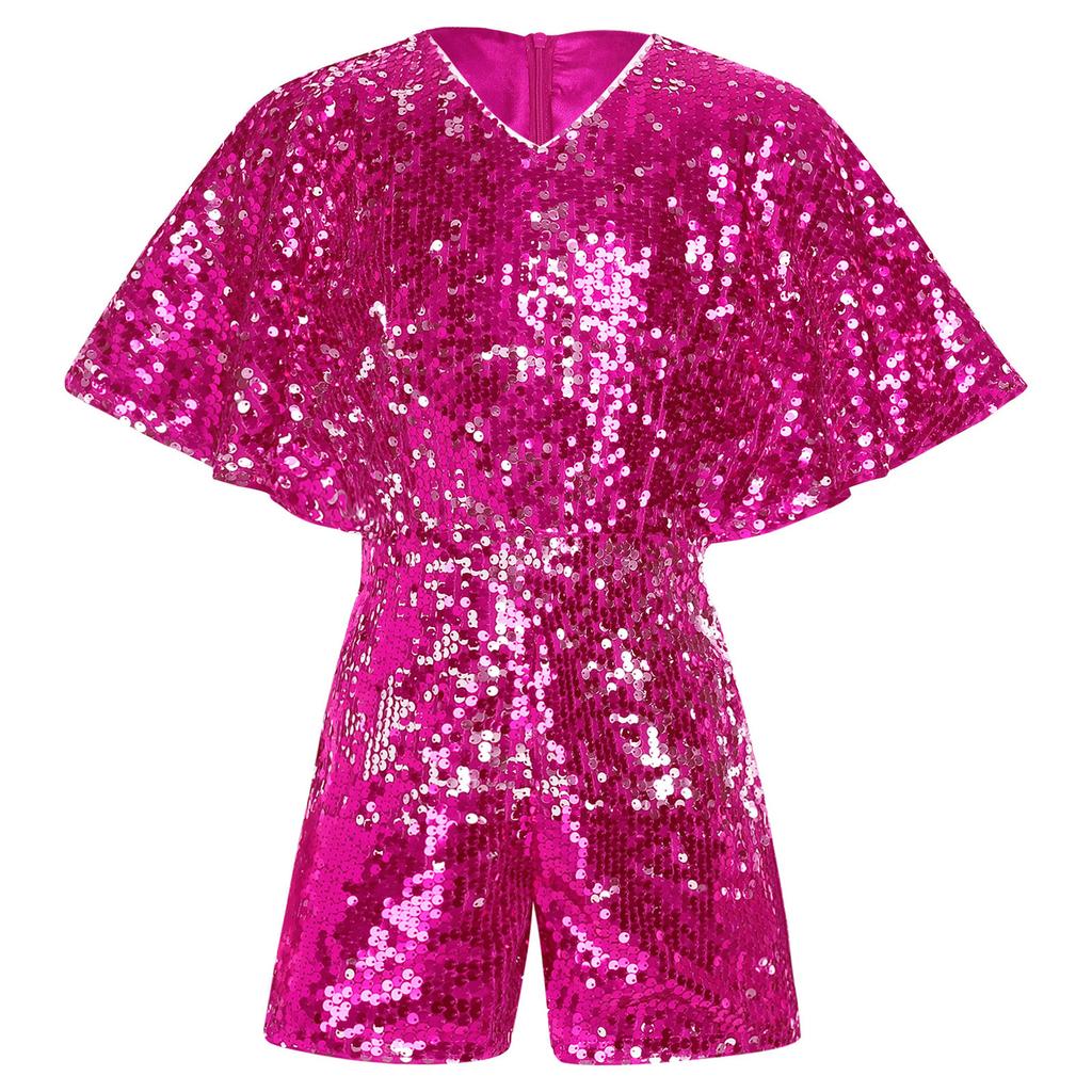 Girls Sparkling Sequins Jumpsuit V Neck Cap Sleeve Bodysuit Birthday Party Stage Performance Costume