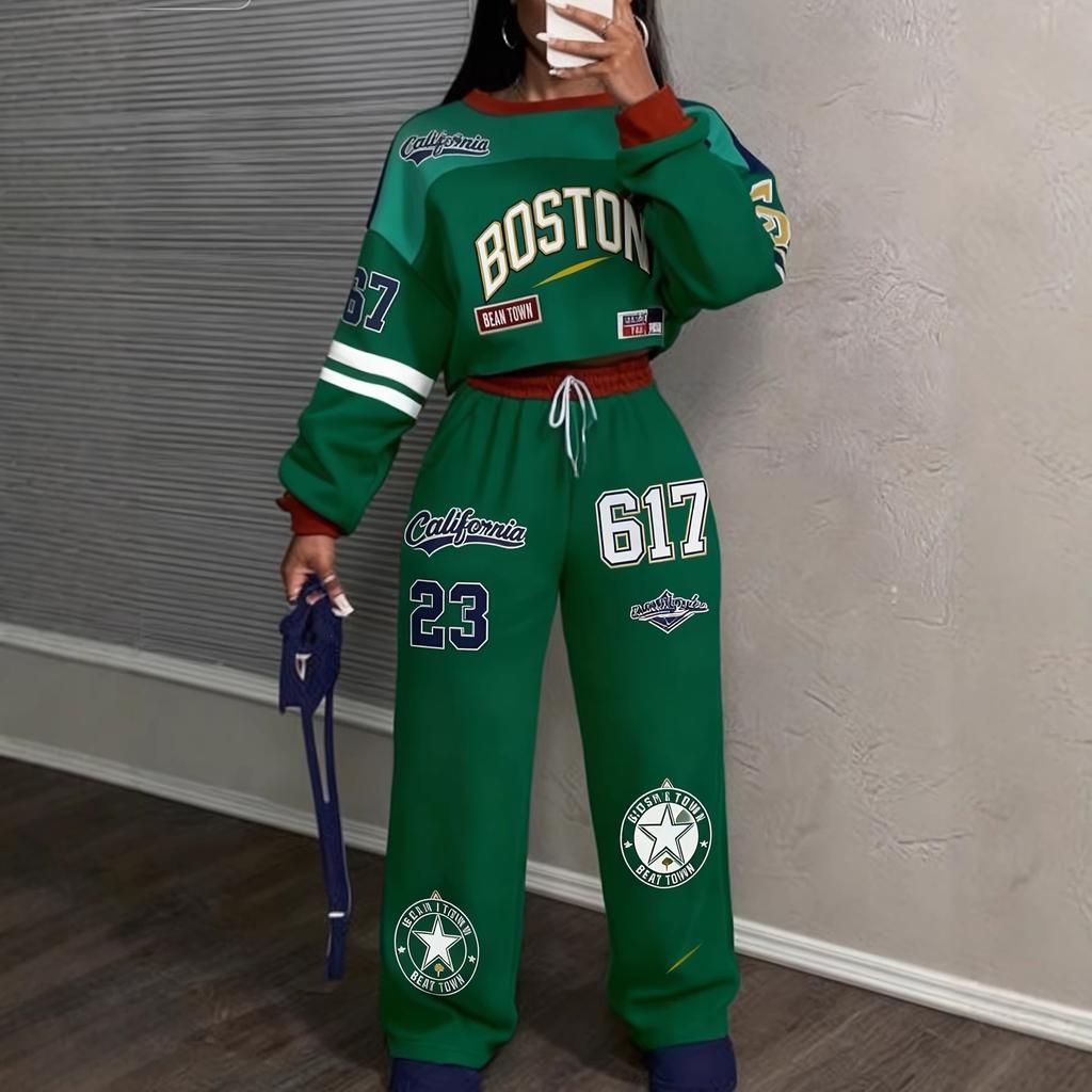 Retro americano, tuta sportiva con lettere per donna, maniche a spalla, maglione corto + pantaloni della tuta, set casual due pezzi.