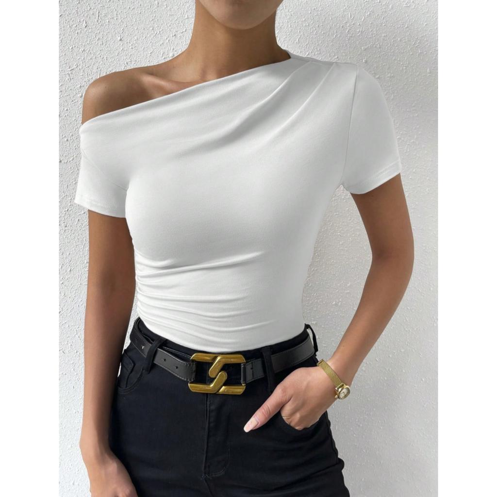 Women's Oblique Collar Short Sleeve Slim Fit Ruched Top Solid Color Casual Blouse