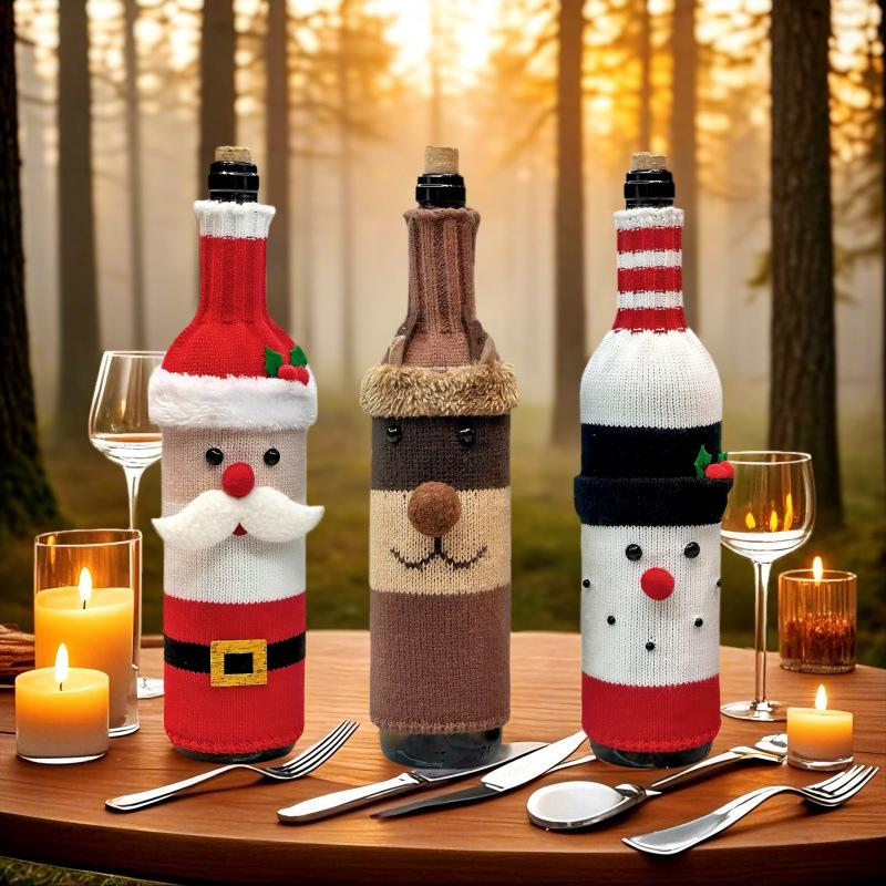 Festive Red Christmas Knit Wine Bottle Cover for Holiday Table Decor