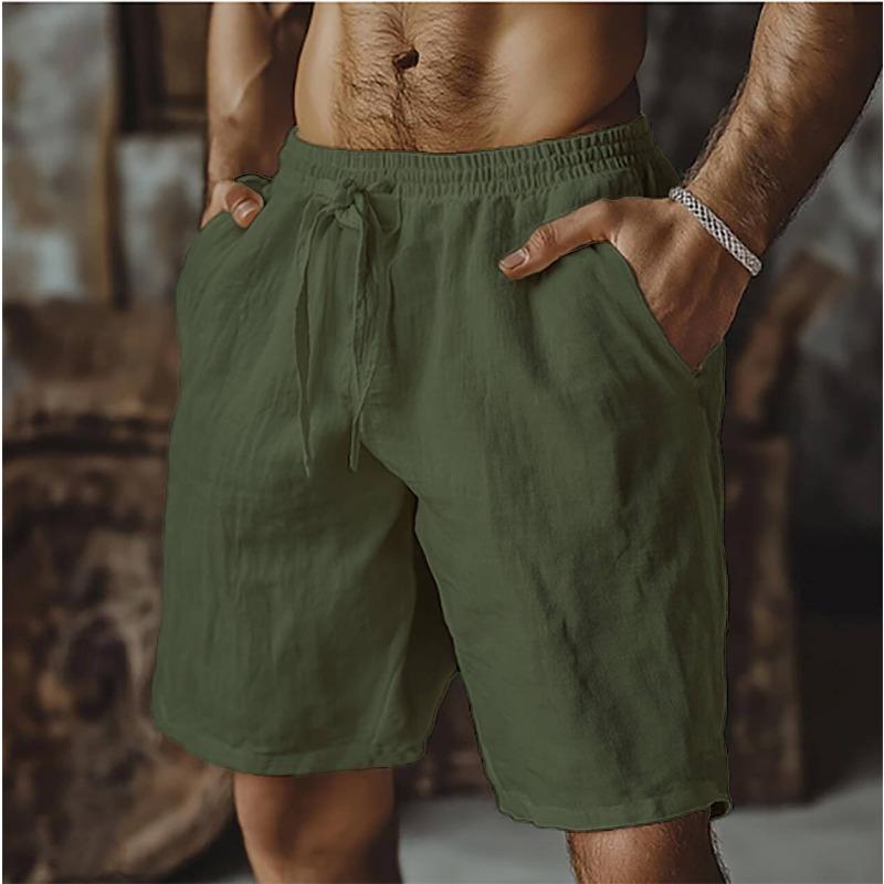 Linen shorts drawstring elastic waist straight legs solid color breathable daily beach five-point casual pants