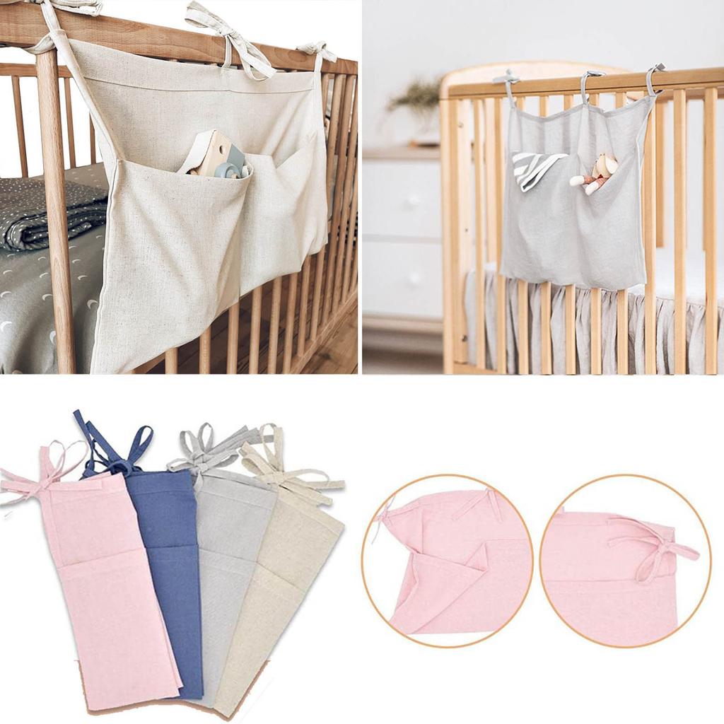 Linen Baby Bedside Hanging Storage Bag, 2 Pockets Organizer For Baby Cribs And Toys