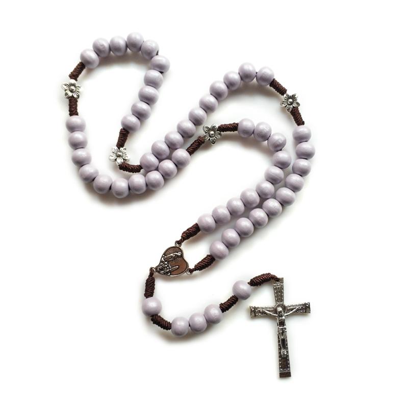 10mm Acrylic Bead Rosary Necklace Vintage Weave Catholic Religious Cross Jesus Pendant Necklaces for Men Women Jewelry Charm