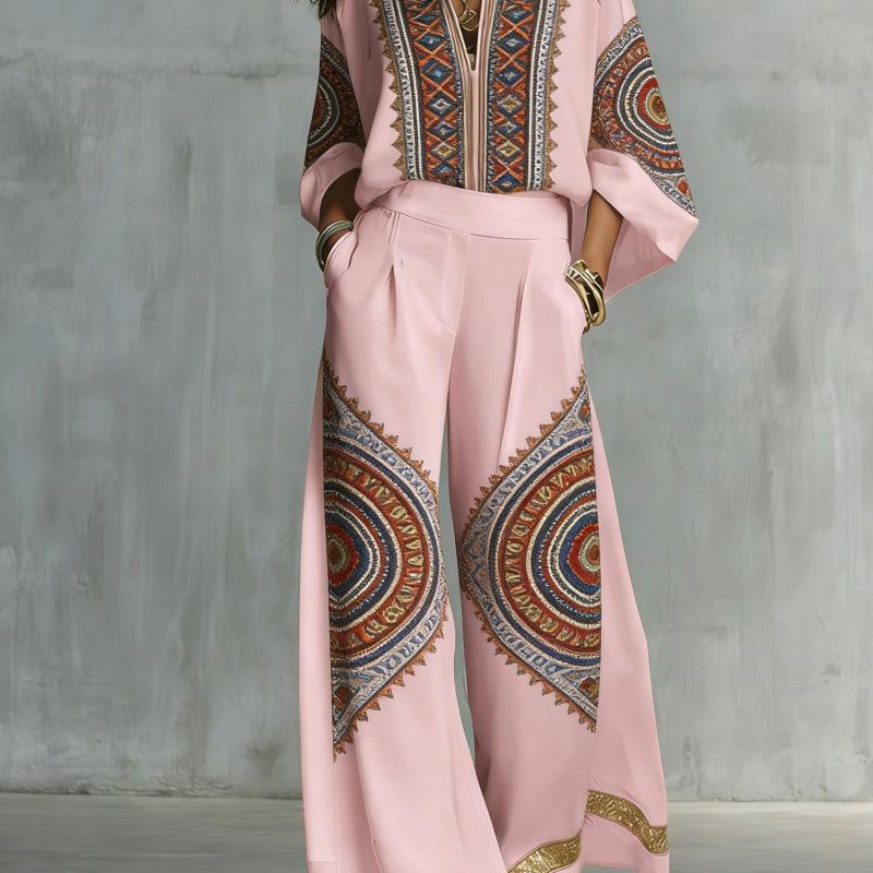 1116 New European and American Style Fashion Luxury Black Gold Baroque Print Nine-quarter Sleeve Wide-leg Pants Set Women's Two-piece Set
