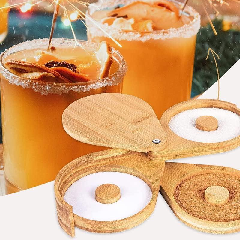 3 Tier Salt Rimmer Bamboo Material Margarita Glass Rimmer for Cocktails Adjustable Sauce Seasoning Plate Mixing Sugar Rim Box