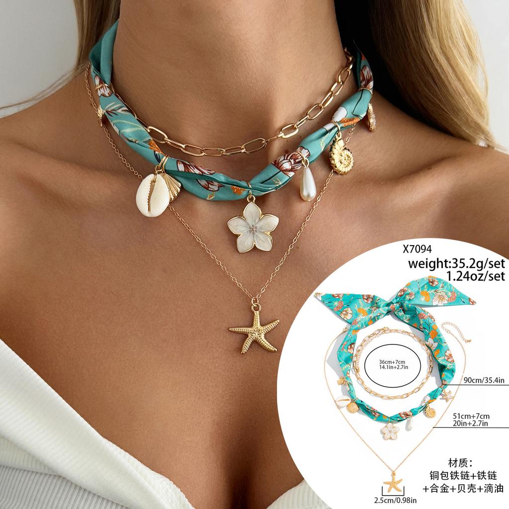 1SET European and American vacation ins shell starfish silk scarf stacked necklace, niche exotic love flower item jewelry women