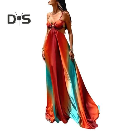 

Летнее пляжное платье с глубоким вырезом на талии, открытой спиной, без рукавов, ажурное платье-комбинация для отпуска, контрастного цвета, платье-макси А-силуэта L разноцветный