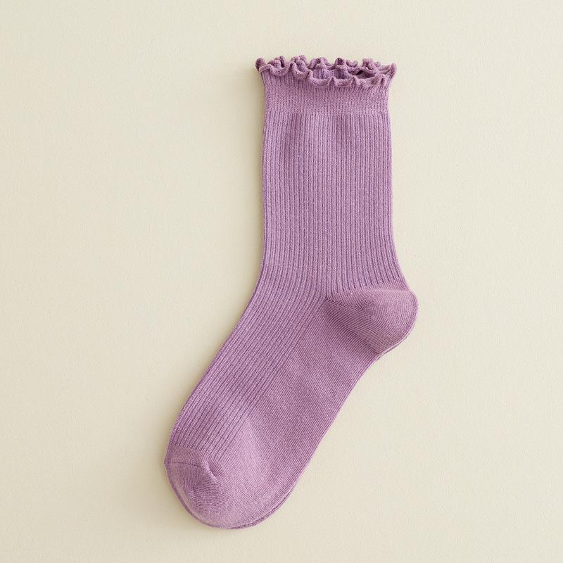 Women's Japanese Style Black Lace-Trimmed Mid-Calf Cotton Socks - Cute Slouchy Autumn/Winter Solid Color Trendy Long Socks.