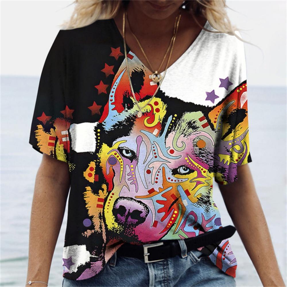 

Летние футболки с V-образным вырезом, 3D-принтом, винтажным красочным котом, забавным узором, модные, повседневные, с коротким рукавом, женские 5XL