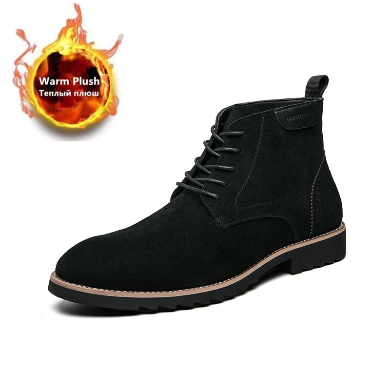 Fashion Brand Cow Suede Leather Men's Boots Men Business Casual High Top Leather Shoes Autumn Winter with Fur Fashion Oxfords For Men