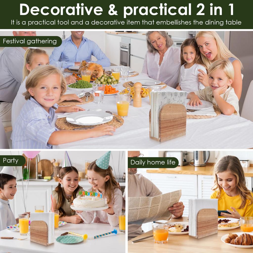 Wooden Upright Napkin Holder Decorative Vertical Paper Napkin Dispenser Ergonomic Standing Tissue Storage Dispenser for Dining
