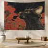 2D Mystische Schwarze Katze Wandteppich, Japanische Ästhetik Rote Wolken Wandkunst für Zuhause