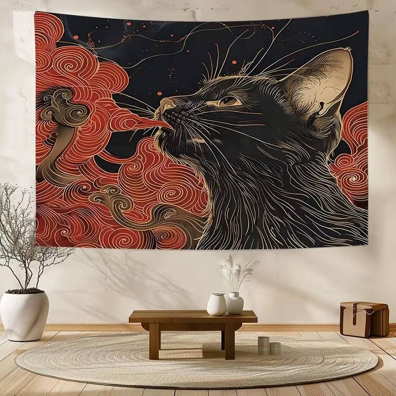 

2D Mystical Black Cat Tapestry, Japanese Aesthetic Red Cloud Wall Art for Home 47.2x31.5inch/120*80cm