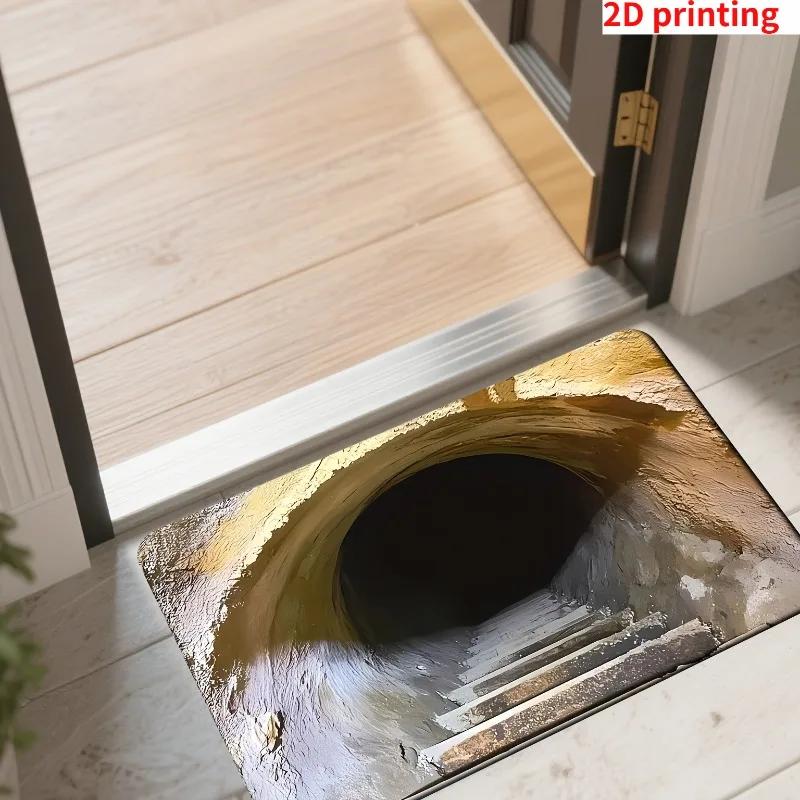 1pc Optical Illusion Tunnel Pit Pattern Non-Slip Door Mat, 2D Printed Farmhouse Style Machine Washable Doormat Home Decoration